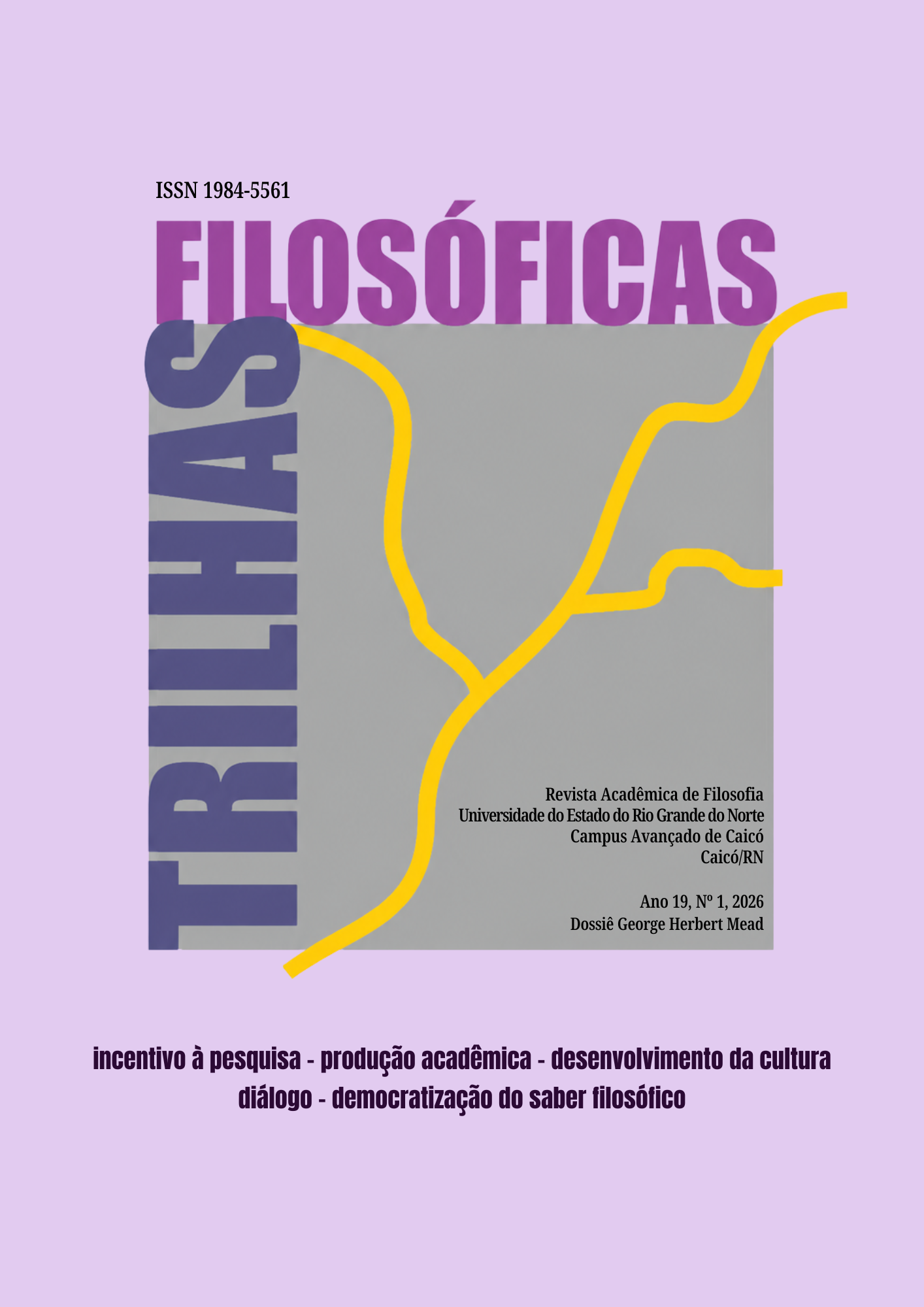 Arte da capa da revista Trilhas Filosóficas, composta por um quadrado cinza atravessado por uma linha sinuosa amarela que simboliza uma trilha. O título da revista aparece em letras grandes nas cores roxo e azul-violeta sobre fundo lavanda claro.